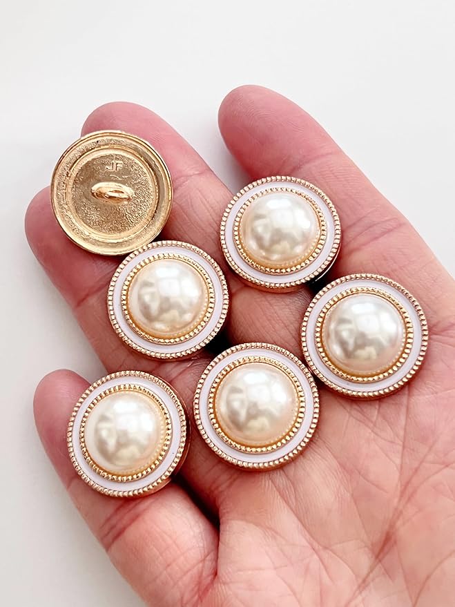 PEPPERLONELY 10PC Faux Pearl Metal Buttons for Clothing, Jeans, Crafts, Pants, Blazer, Sewing, Jacket, Jewlery Making (Gold/White, 20mm)