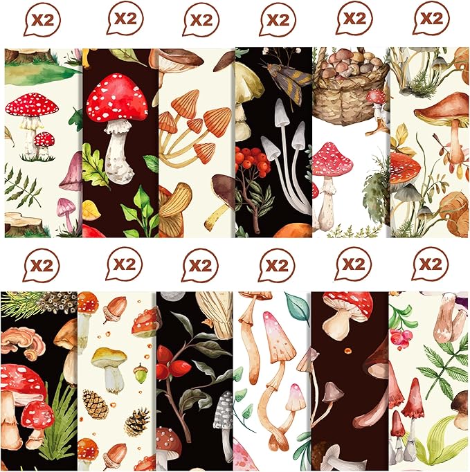 24 Sheets Mushroom Scrapbook Paper Pad Double-Sided Vintage Mushroom Squirrel Plants Moth Patterned Decorative Craft Paper for Card Making Photo Album Journal DIY Craft, 11.8'' x 11.8''