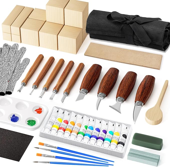 Wood Carving Kit, Wood Carving Tools Set with Carving Knives Detail Knives Basswood Blocks Gloves Polishing Compound Coloring Set, Wood Whittling Kit for Beginners DIY Hobbies for Adults