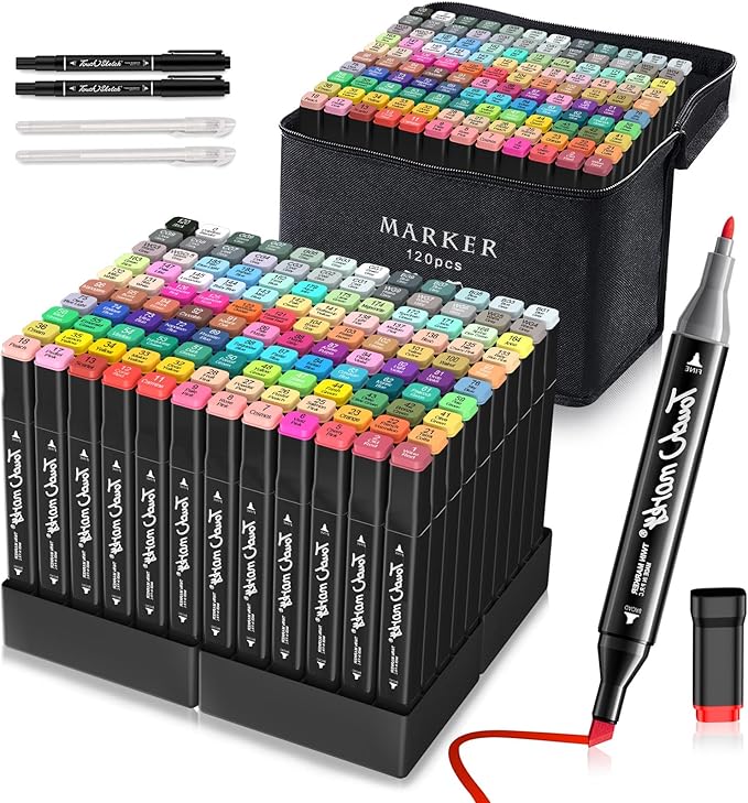AdamStar Alcohol Markers,120 Colors Dual Tip Art Markers for Kids & Adult Coloring Sketching Drawing Markers for Artists Paint Markers Pen with Carry Case
