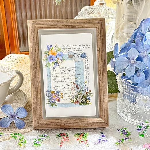Deep Lane in Bloom PET Pre-Cut Floral Tape Set - 6 Rolls Transparent Garden Sticker Strips + 1 Clip for Scrapbook Journals Junk Journal Collage DIY Décor