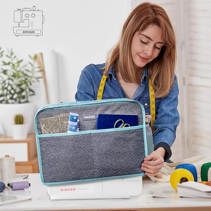 AMOIGEE Sewing Machine Cover for Brother, Singer, Janome – Quilted Dust Cover with Storage Pockets, Padded Protective Sewing Machine Case Fits Most Standard Sewing Machines (17" x 7" x 12")