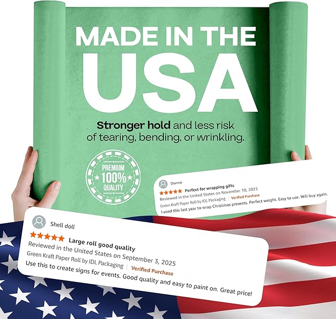 48" x 1200" (100 ft) Green Kraft Paper Roll - USA-Made Quality Craft Paper for Gift Wrapping, Kids' Arts & Crafts, School Projects - Natural Material 50lb Thickness by IDL Packaging