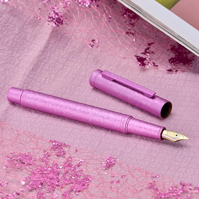 Hongdian 1851 Forest Fountain Pen Pink Ice Flowers, Bent Nib Classic Design with Converter and Metal Pen Case