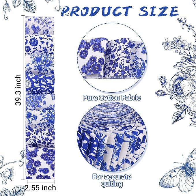 40 Pcs Chinoiserie Cotton Jelly Fabric Strips Blue and White Porcelain Patchwork Strips Roll for Quilting Crafting Blue White Floral Bird Precut Patchwork for Sewing DIY Crafts