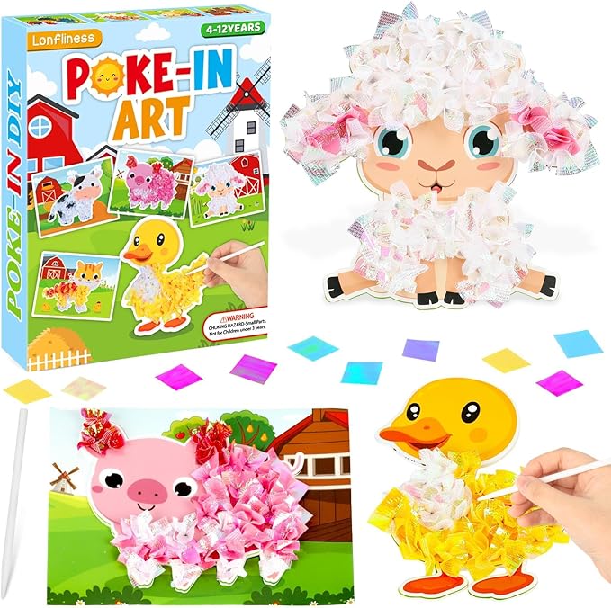 Lonfliness 8PCS Poke-in Craft and Art Kit for Kids No-Mess Fabric Sewing Art Girls Boys 4-12 Puzzle Puncture Painting DIY Toy Gifts for Creative Activity Game Birthday Party (Farm Animal)
