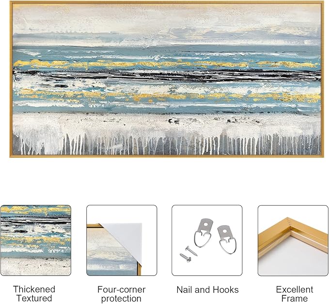 Large 100% Handmade Abstract Oil Painting with Frame Modern Original Hand Painted Blue Ocean Wall Art Modern White Gold Pictures Minimalist Artwork for Living Room Bedroom Office Dining Room 48x24in