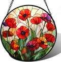 Stained Glass Window Hanging - Poppy Birth Flowers Suncatcher for Door Garden Yard Wildflowers Sun Catchers Decor Christmas Mother's Day Birthday Gifts for Women Mom Nana Friend 15 in