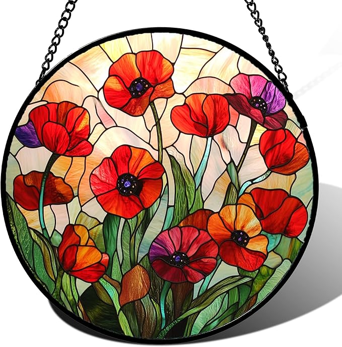 Stained Glass Window Hanging - Poppy Birth Flowers Suncatcher for Door Garden Yard Wildflowers Sun Catchers Decor Christmas Mother's Day Birthday Gifts for Women Mom Nana Friend 7.8 in