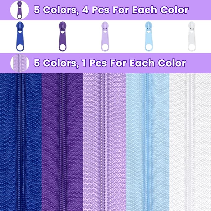 DOITEM 15.3 Yards/ 14 m 5 Pieces Assorted Colors #3 Nylon Coil Zippers, Sewing Zippers Endless Zips with 20 Pieces Zipper Sliders Zip Heads for DIY Sewing Tailor Craft Supplies (Purple Blue White)