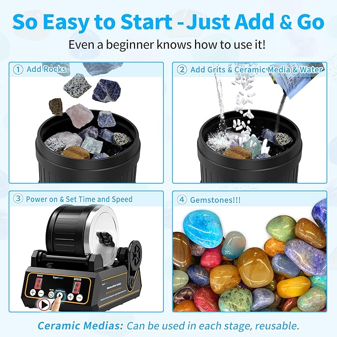 Rock Tumbler Kit, K1 Professional Large 2.5LB Capacity Edition - Memory Function, Digital Timer & Variable Speeds: Includes All Accessories, Rock Polisher Gift for Adults & Kids