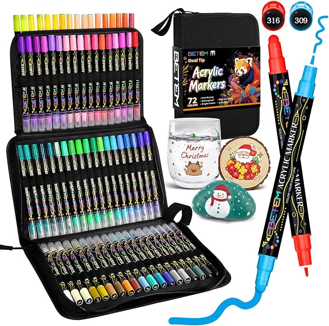 Betem Acrylic Paint Markers Pens, Dual Tip 72 Colors Premium Paint Pens Acrylic Markers for Wood, Fabric, Canvas, Stone, Rock Painting, Glass, Ceramic Surfaces, DIY Crafts Making Art Supplies with Bag