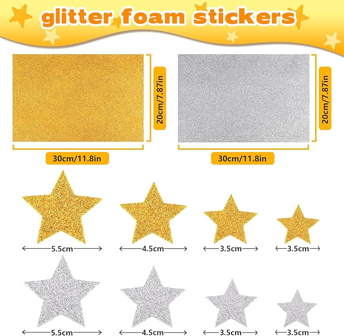 YGDZ Foam Star Stickers Gems Stick On Set, Gold Silver Glitter Star Self Adhesive for Crafts, Rhinestones Jewel Stick On for Posters, Christmas Home Decor, Craft Supplies for Kids