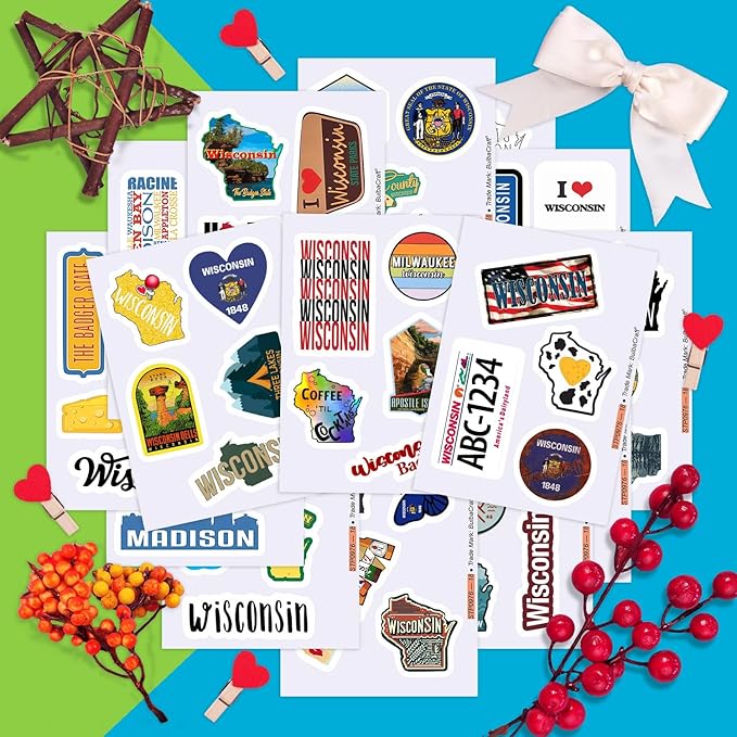 BulbaCraft Wisconsin Stickers for Water Bottle and Laptop - Wisconsin Party Supplies & Decorations, Waterproof Vinyl Decals, State Pride and Icon Stickers, Gifts for Women & Men