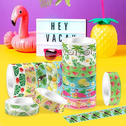 Adirasenotek Hawaiian Washi Tape 12 Rolls Flamingo Lemon Watermelon Aloha Masking Tape Hawaiian Theme Decorative Paper Stickers Tape Sticker,for DIY Crafts and Scrapbooking