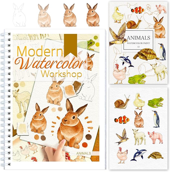 Watercolor Workbook for Beginners with Step-by-Step - 12 Watercolor Coloring Pages - 100% Cotton 300gsm/140lb Watercolor Paper - Gift for Women,Adults,Teens (Animals)