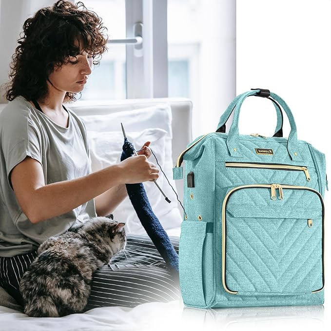 Knitting Bag Backpack, Yarn Organizer with USB Charging Port, Quilted Backpack for Women, Christmas Gifts Large Travel Crochet Bag Totes for Crochet Hooks, Knitting Needles, Yarn Supplies, Teal