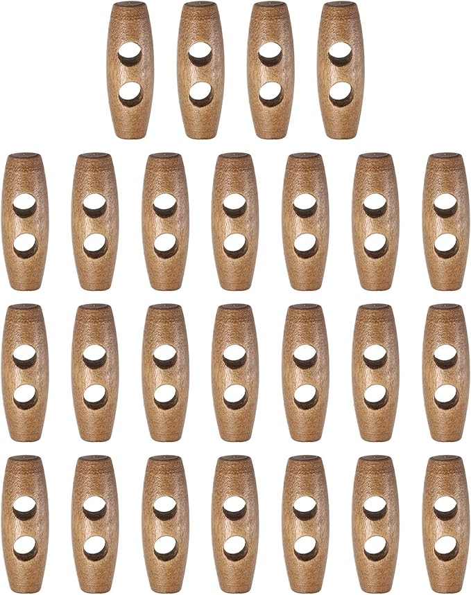 HARFINGTON 25pcs Wooden Toggle Buttons 30mm / 1.2" Double Hole Wood Olive Horn Sewing Buttons for Coat Sweaters Clothing DIY Craft, Light Brown