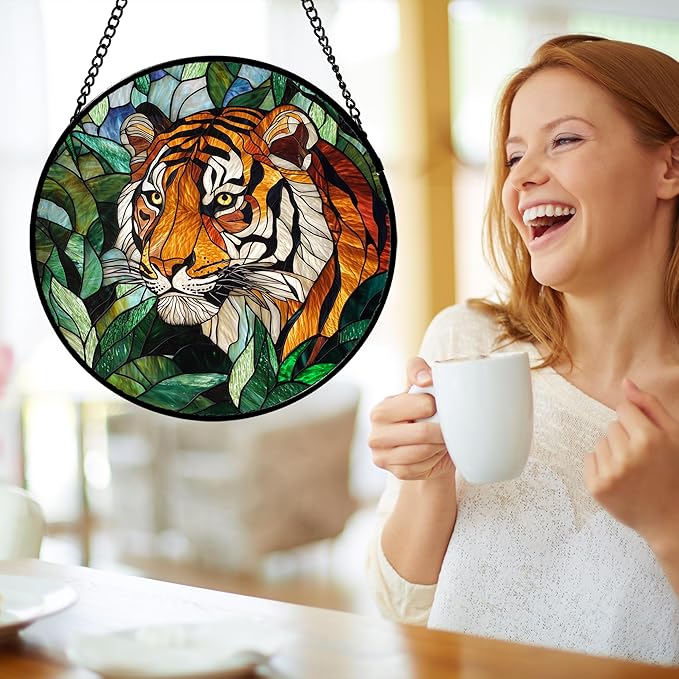 Stained Glass Window Hanging, Fierce Tiger Sun Catcher for Door Home Decor Wild Animals Suncatcher Christmas Mother's Day Birthday Gifts for Women Men Mom and Nana 6.3 in