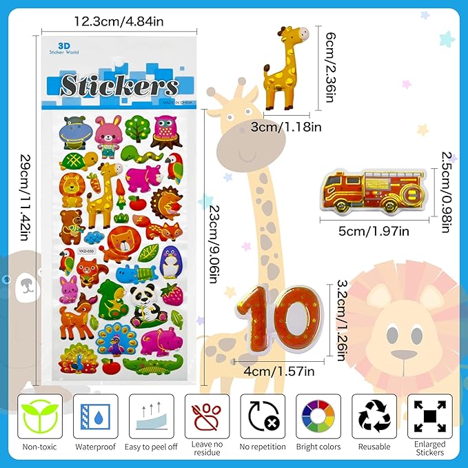 3D Stickers for Kids Toddlers 12 Sheets, 379 Pcs Gold Stamping Puffy Stickers for Boys Girls, Preschool Sticker for Reward, Scrapbooking Including Animal, Letters, Numbers, Dinosaurs, Cars and More