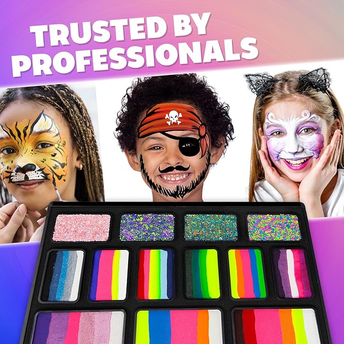 Kraze FX Bold and Brilliant Palette by Jacqueline Howe Professional Face Painting Split Cake Palette, Water Activated, Hypoallergenic, Halloween Party Makeup Face Paint Kit for Kids & Adults