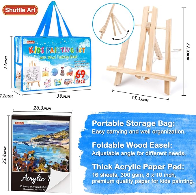 69 Pack Kids Paint Set, Shuttle Art Art Set for Kids with 30 Colors Acrylic Paint, Wood Easel, Canvas, Painting Pad, Brushes, Palette and Smock, Complete Paint Set for Boys and Girls(package may very)