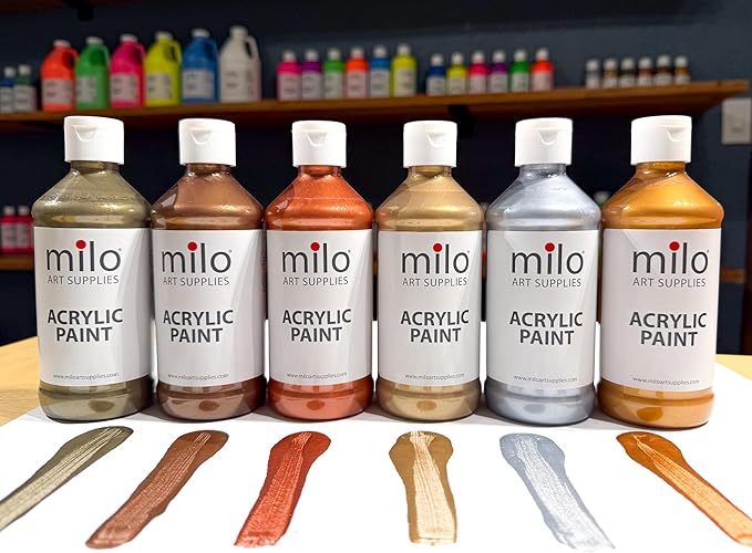 milo Metallic Acrylic Paint Set of 6 Colors | 8 oz Bottles | Student Metallic Colors Acrylics Painting Pack | Made in the USA | Non-Toxic Arts & Crafts Paints for Artists & Hobby Painters