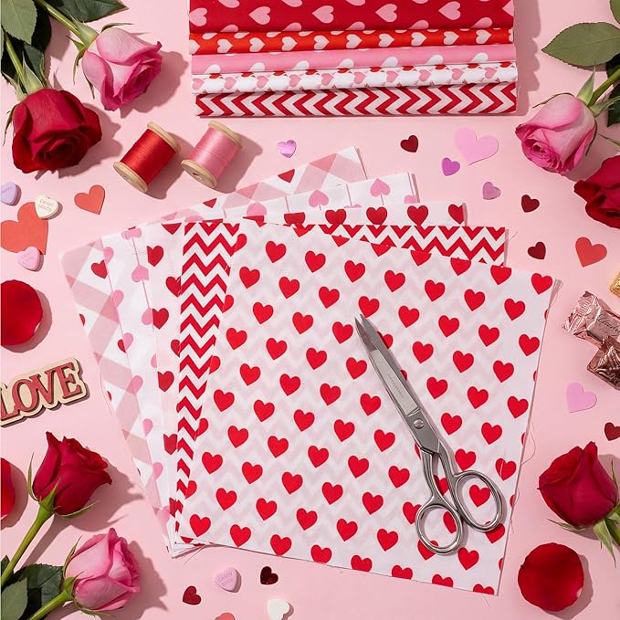 Tatuo 30 Pieces 10 x 10 Inches Cotton Fabric Bundle Squares Patchwork Floral Fabric Sewing Quilting Bundles Assorted Pattern Cloth for DIY Scrapbook Craft Making(Valentine)