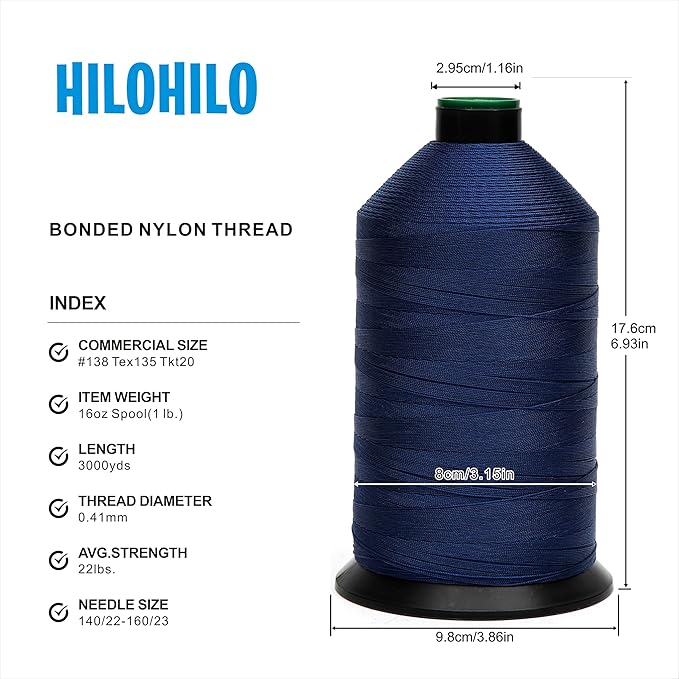 Extra Strong Bonded Nylon Thread #138 Tex135 – 16 OZ, 3000yds, Versatile Stitching Solution for Leather, Upholstery, Canvas Repair and More (Royal Blue)