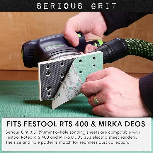 Serious Grit - 3" x 5" (80mm x 133mm) 14-Hole 40 Grit Sanding Sheets - Fits Festool RTS 400 & Mirka Deos 353 - Heavy-Duty Hook & Loop Film Abrasives - Sandpaper for Sheet Sanders - 25 Pack Box
