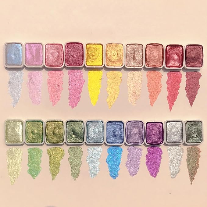 Gbbazu Metallic Watercolor Paints, Upgrade 20 Colors Watercolor Painting Set, Metallic Water Color Paint Set, Glitter Watercolour Solid Paint Box Palette for Adults Kids Beginners Artists (1ML B)
