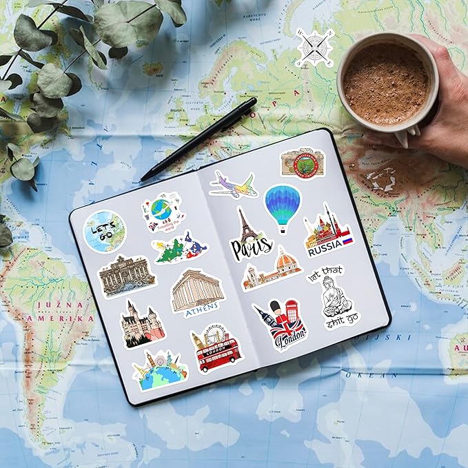 100 Pcs World Featured Architecture Sticker for Water Bottle, Adults Waterproof Vinyl Travel Map Laptop Decals, Girls Kids Teens Phone Case Vintage Aesthetic Stickers