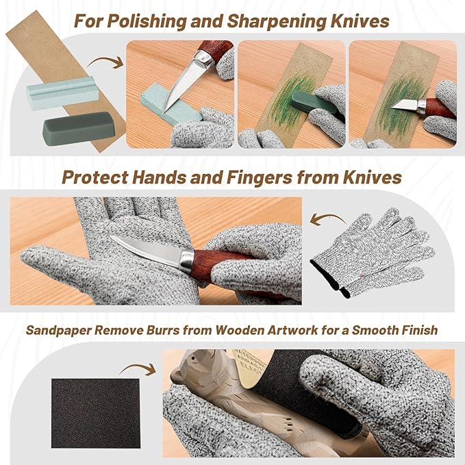 Wood Carving Kit, Wood Carving Tools Set with Carving Knives Detail Knives Basswood Blocks Gloves Polishing Compound Coloring Set, Wood Whittling Kit for Beginners DIY Hobbies for Adults