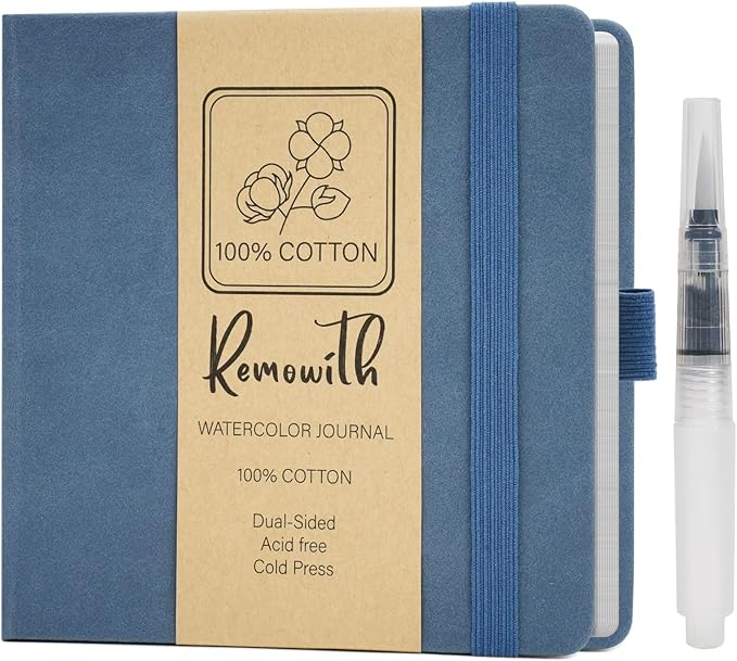 Remowith Leather Cover Watercolor Sketchbook, 6"x5.5" Journal, 300gsm Cold Press Cotton Paper (24 Sheets/48 Pages), Perfect Watercolor Journal for Markers, Pastels, Blue