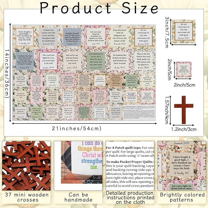Pocket Prayer Quilt Panel Squares with Small Wooden Crosses Mini Scripture Pocket Prayer Quilt for Friend Family Religious Spiritual Gift Easter Reward Gift(Flora,Brown)