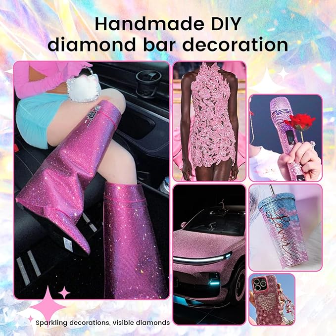 Novani Self Adhesive Rhinestone Ribbon, 1.18 Inch Wide 3 Yards 1 Roll, Hot Pink AB Crystal Diamond Bling Strips for DIY Crafts, Glitter Resin Rhinestones for Crafting, Car Decoration