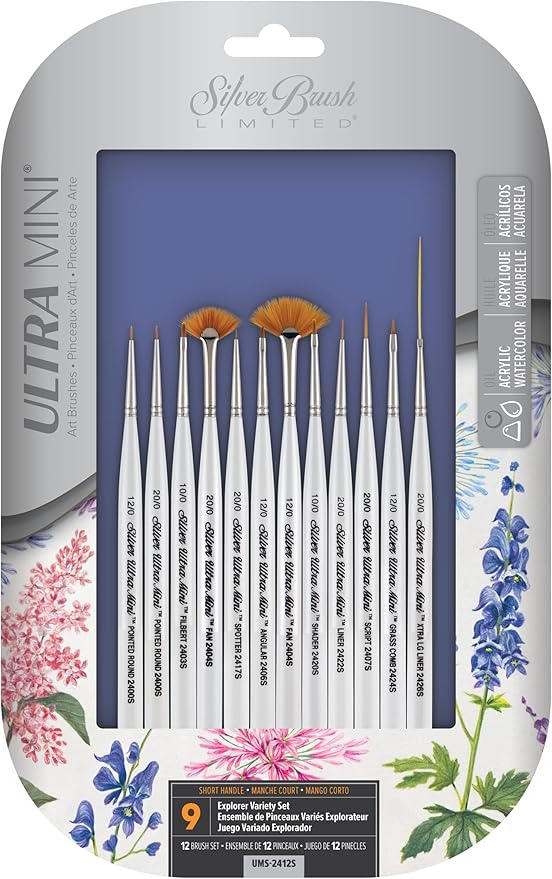 Silver Brush Limited UMS-2412S Ultra Mini Explorer Variety Set, Paintbrushes for Watercolor, Gouache, Inks, Dyes, Acrylic, & Heavy Body Paints, Set of 12, Short Handle
