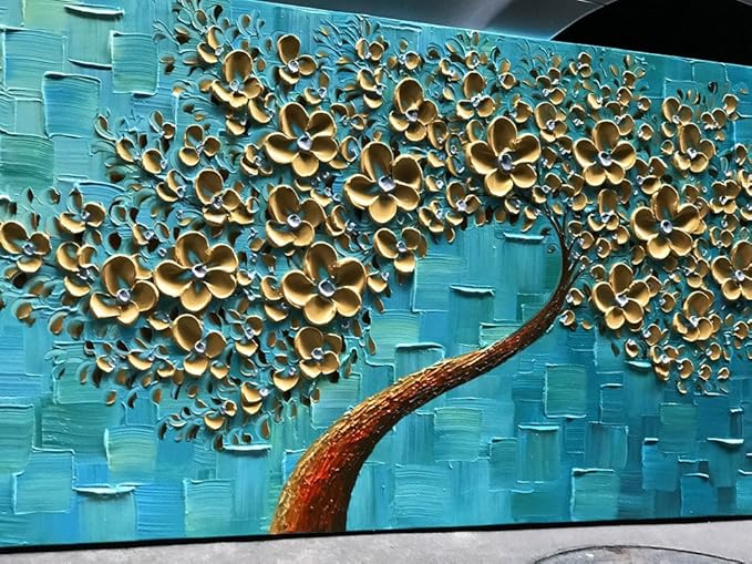 YaSheng Art - Handmade 3D Golden Flowers Artwork Oil Painting On Canvas Texture Palette Knife Flowers Tree Abstract Landscape Paintings Modern Home For Living Room Bedroom Decor Wall Art 20X40 inch