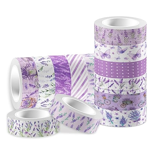 Lavender Washi Tape 12 Rolls Lavender Tape Masking Decorative Purple Flower Washi Tape for DIY Craft Gift Wrapping Handbook Sticker Scrapbook Journaling Party Favor