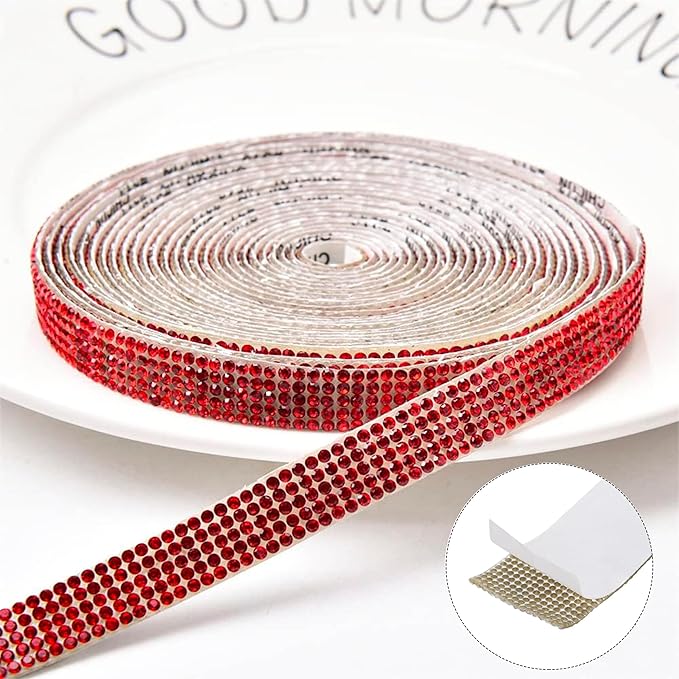 4 Rolls Self Adhesive Crystal Rhinestone Ribbon Diamond Bling Tape with 2 mm Rhinestones Strips Sticker for Arts Crafts Wedding Birthday Party DIY Event Car Phone Decoration (Red)