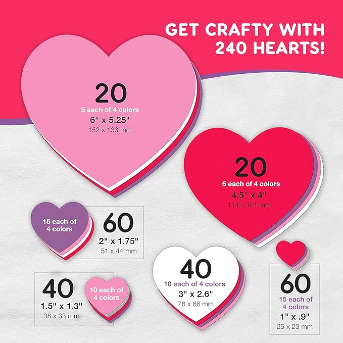 FreshCut Crafts 240 Pieces Heart Paper Cutouts, 2-Sided US Made Card Stock Punch Out Sweet Colored Hearts for Valentine’s Day Crafts, Bulletin Boards, Classroom Decor, and Posters 4 Sweet Colors