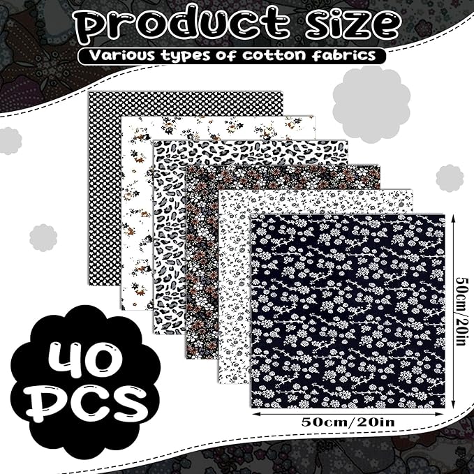 Ganeen 40 Pcs 20" x 20" Cotton Fabric DIY Making Supplies Quilting Patchwork Fabric Cotton Printed Craft Fat Quarter Bundles DIY for Quilting Patchwork Cushions(Black)