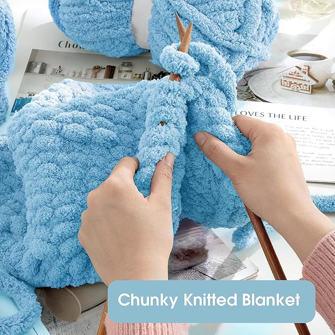 HOMBYS Sky Blue Chunky Chenille Yarn for Hand Knitting,Fluffy Soft Jumbo Yarn Crocheting,Super Bulky Big Yarn for Chunky Blanket,Large Thick Arm Knitting Yarn,8 Pack Plush Yarn