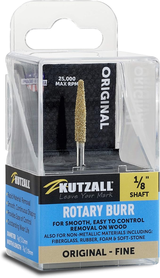 Kutzall Original Taper Rotary Burr, 1⁄8" Shaft, Fine -Wood Carving Bit for Dremel, Foredom, DeWalt, Milwaukee. Abrasive Tungsten Carbide, 1⁄8" (3.1mm) Head Dia. X 7⁄8" (22.2mm) Length, T-18-EG