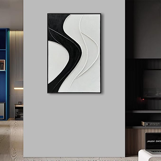 NANKAI Art Hand-Painted Thick Texture White and Black Minimalist Oil Painting 36x24 inch Large Home Wall Decorative Art Oil Painting (with Solid Wood Exterior Frame)