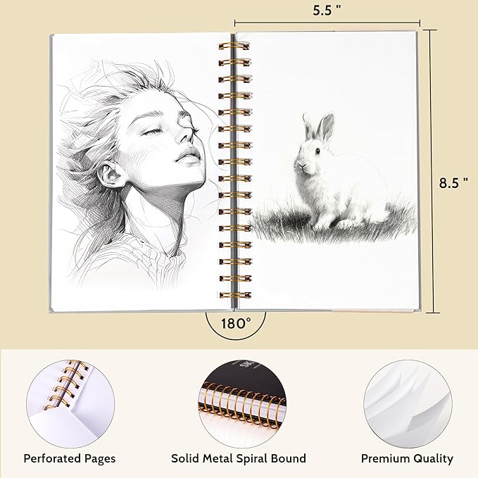 Yoment 5.5" x 8.5" Sketch Book Small Sketchbook for Drawing 100 Sheets Hardcover Spiral Sketch Pad for Kids(68lb/100gsm) Art Sketchbook Drawing Blank Paper Book for Beginners Artists with Pencil Black