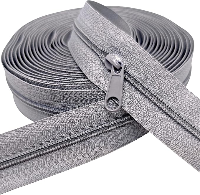 MebuZip #3 Nylon Coil Zippers by The Yard Bulk Zipper Roll Zipper Tape 10 Yards with 25pcs Pulls for Sewing Tailor DIY Craft Bags Pillows (Grey 10Yards)