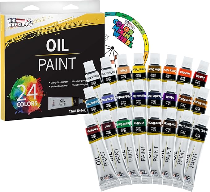 U.S. Art Supply Professional Oil Paint Set - 24 Vibrant Colors in 12ml Tubes for Canvas, Wood & Art Surfaces - Oil Based Paint for Artists, Adults & Students
