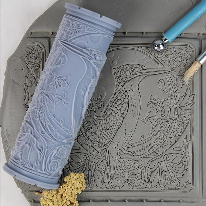 Kingfisher Clay Texture Roller (4") - Bird Set #02 - Embossing Pattern Roller for Polymer & Ceramic Clay, Pottery & Crafts