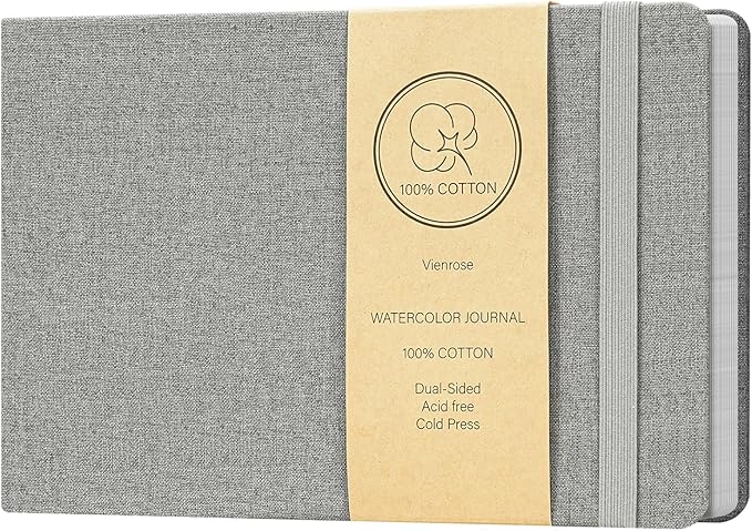 Vienrose Watercolor Sketchbook, 5.5"x8.2" Watercolor Journal with 24 Sheets 140 LB (300 GSM) Cotton Watercolor Paper, Grey Linen Cover Watercolcr Sketch Book As Travel Notebook Mixed Media Pad